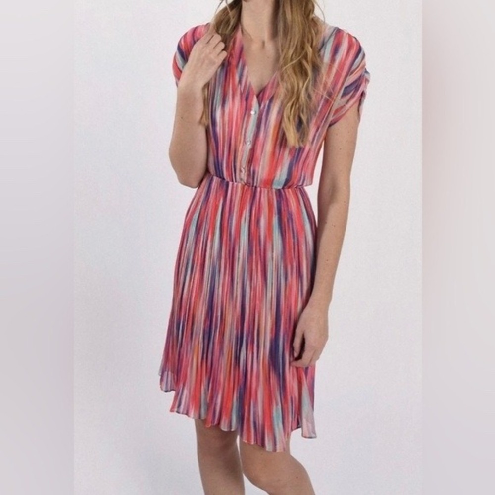 Molly Bracken | Karen Accordion Pleat Multicolor Stripe Chiffon‎ Dress